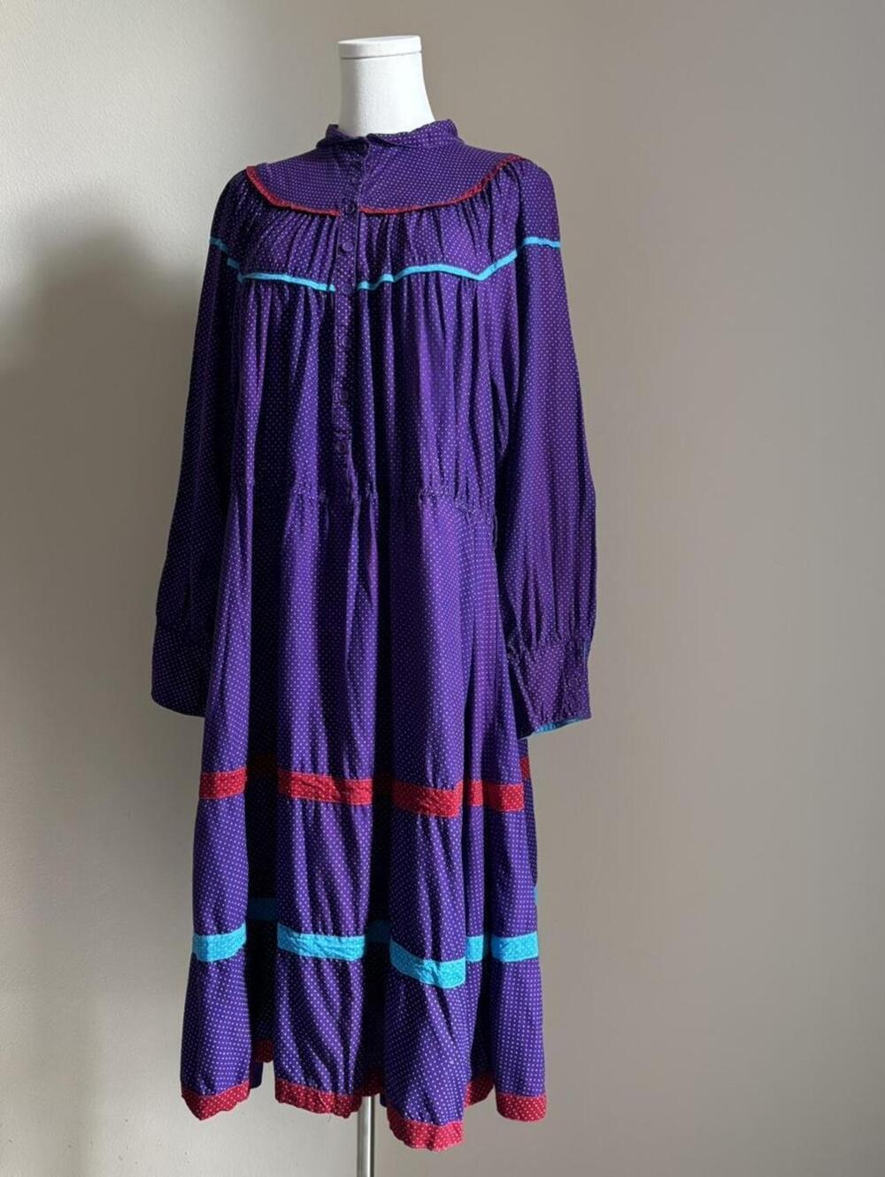 Vintage Cotton Prairie Dress Purple Polka Dot Midi Maxi M - Picture 7 of 8